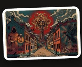 Rare Kid Drop 01 official sticker: hooded figure on an old town street under a red sky